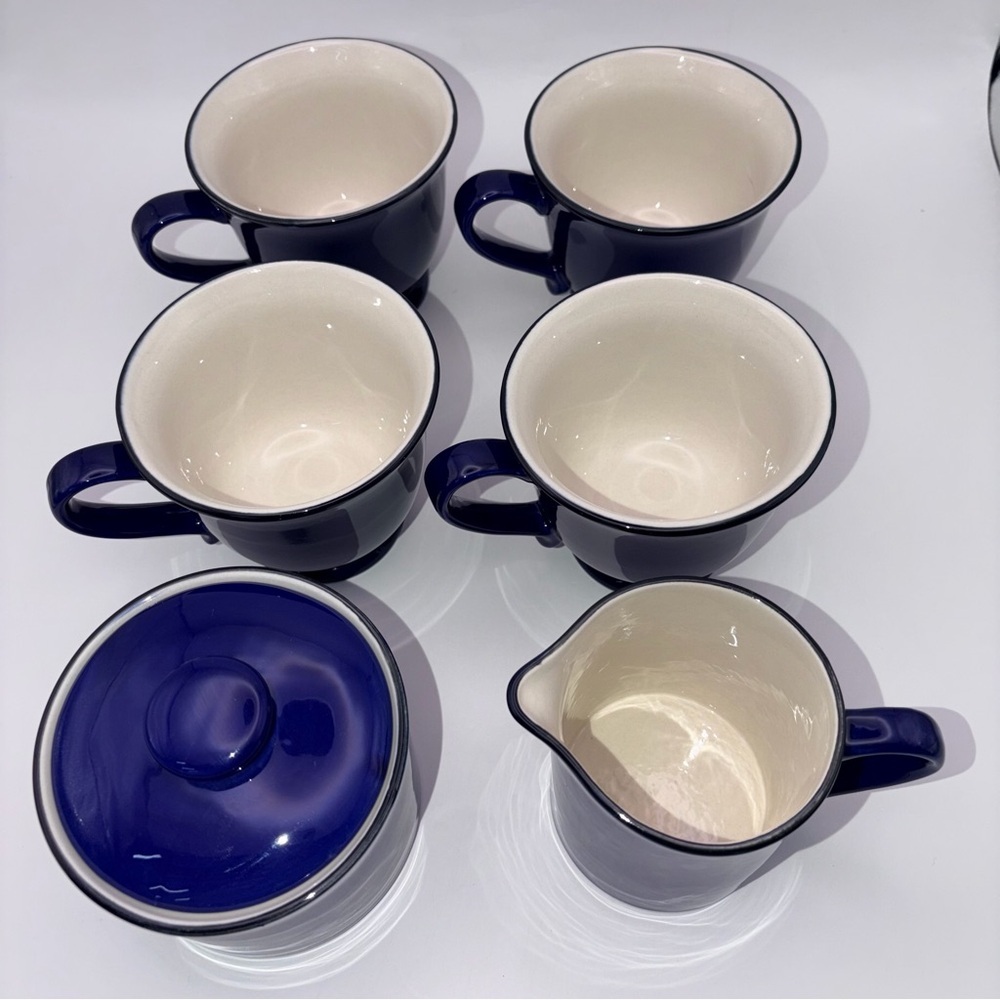 Vintage Cobalt Blue Stoneware Tea Cups Set w Sugar Bowl & Creamer - Picture 3 of 16